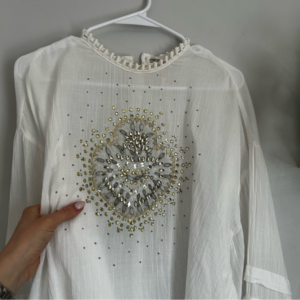 FREE PEOPLE Heart of Gold Blouse White Embellished Cutout-Neck Blouse size large - Picture 10 of 14